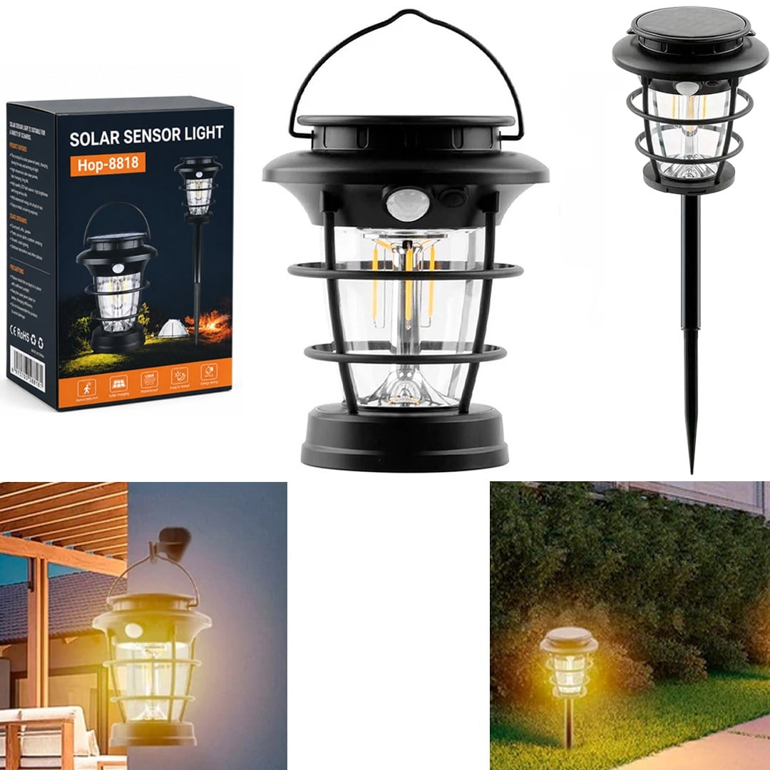 Powermaster HOP-8818 مصباح حديقة ومخيمات محمول بمستشعر، قابل للشحن + لوح شمسي، بأربعة أنماط تشغيل، إضاءة أبيض - ضوء شمس