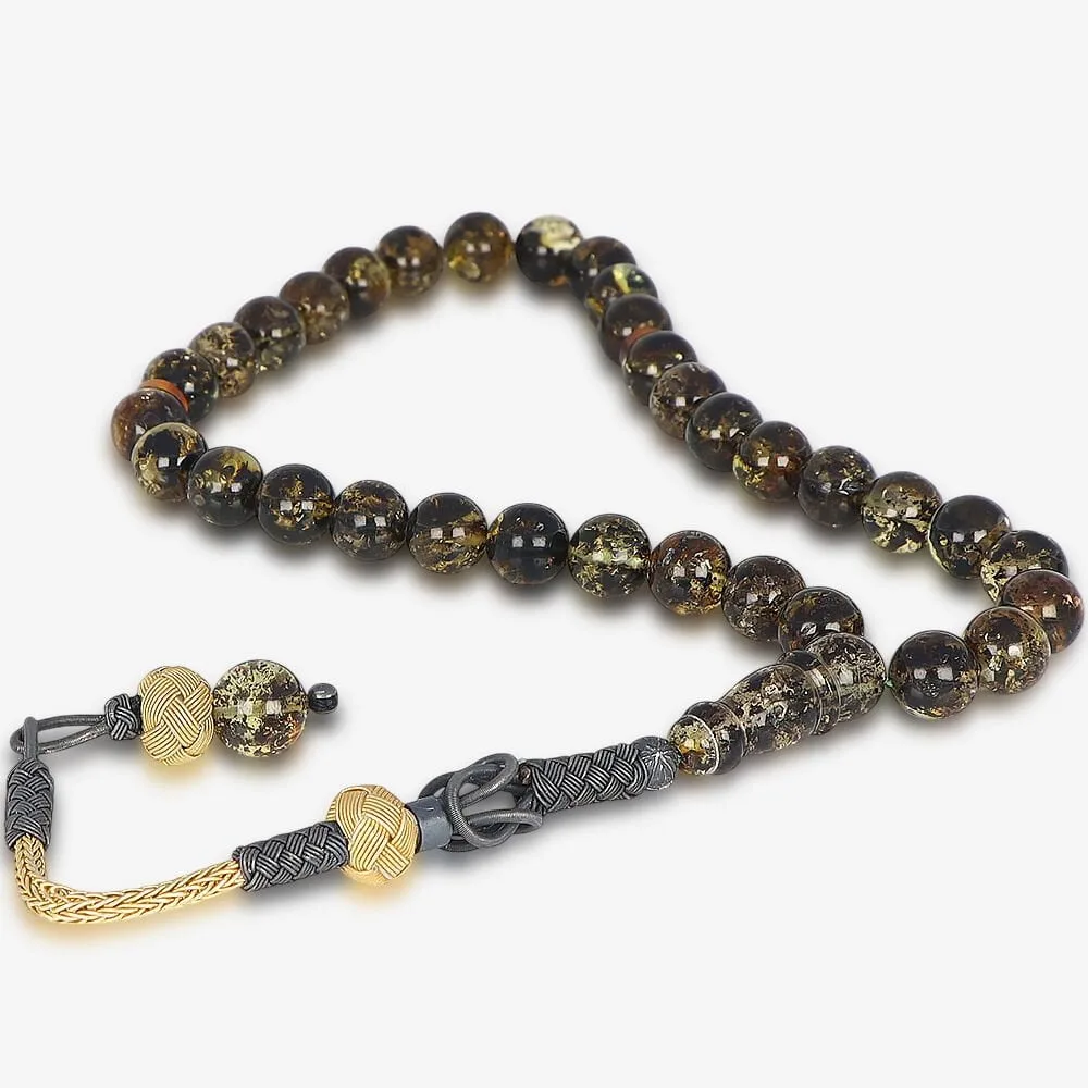 Fossil drop amber prayer beads with silver kazaz tassel