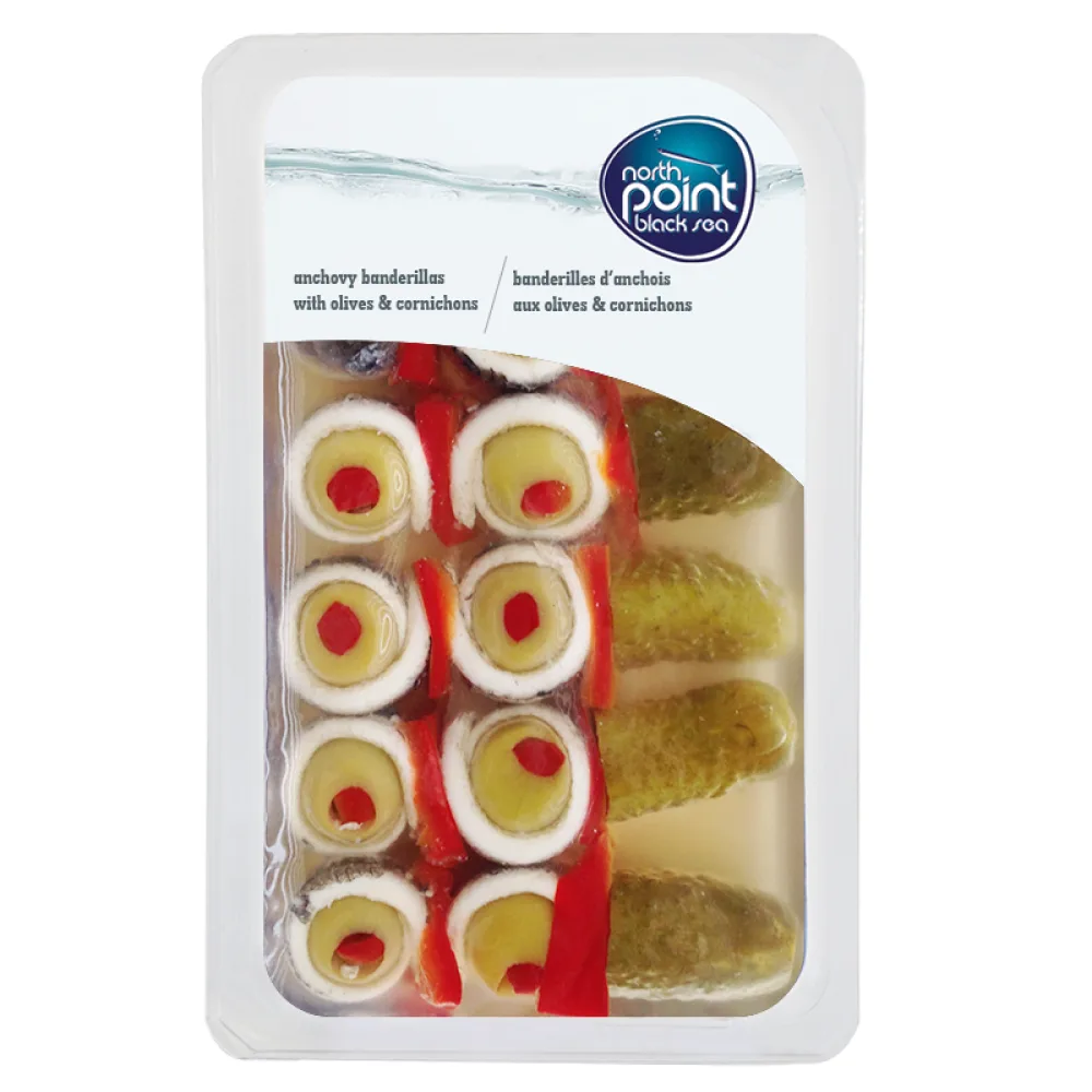 Banderil anchovy fillet with olives and gherkin