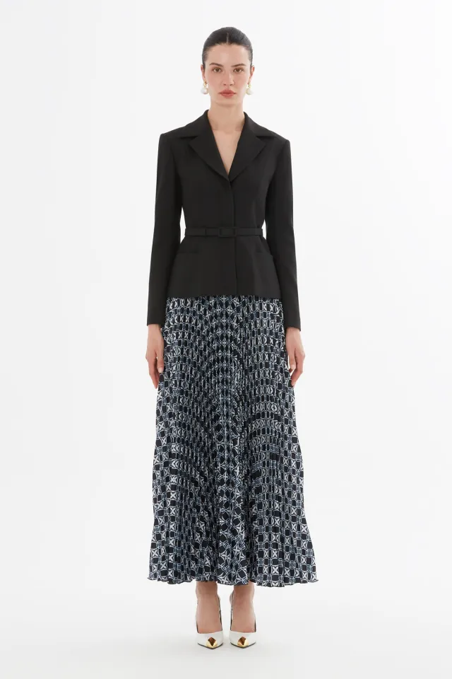 Hidden Front Placket Pocketed Jacket and Pleated Skirt Belted Set