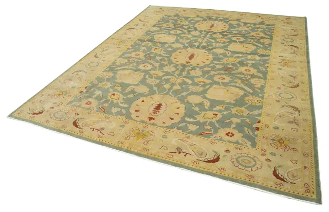 Light Green Beige Classic Bedroom Rug - Wool Handwoven 242x307 cm