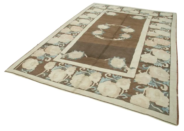 Brown Cream Classic Floral Bedroom Rug - Wool 223x342 cm