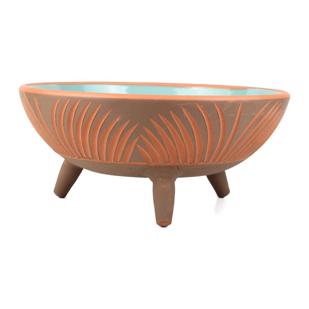 25 cm Footed Scraped Ceramic Bowl with Floral Pattern