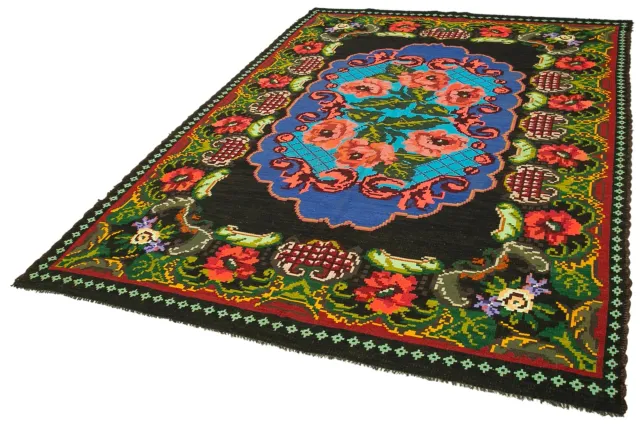 Black Blue Classic Floral Bedroom Rug - Wool 6 m² 200x296 cm