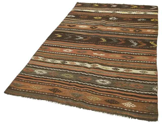 Brown Terracotta Ethnic Kilim Geometric Living Room Rug - Hand-Woven Wool 138x247 cm