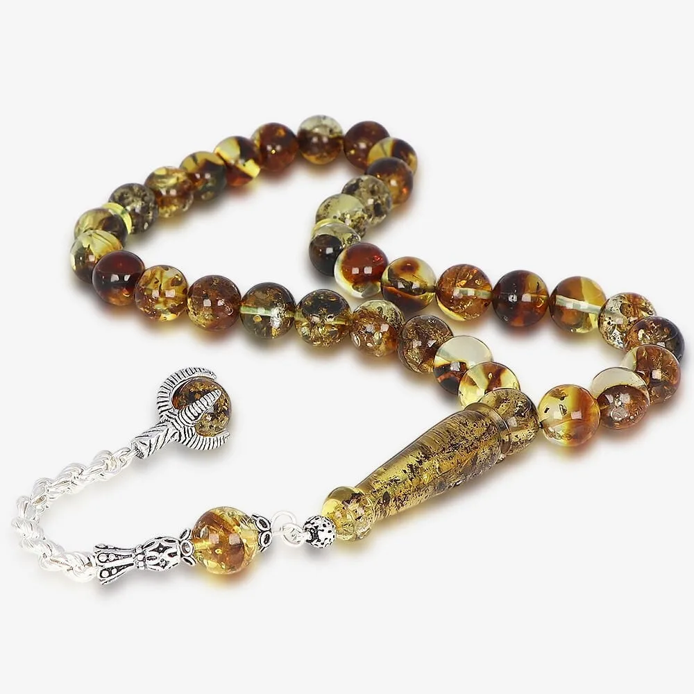Pençe fossil drop amber prayer beads with silver tassel