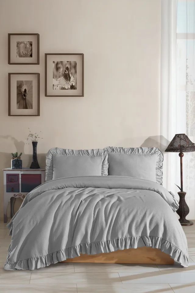 Elart Lily Ruffled Double Bedspread Set Grey