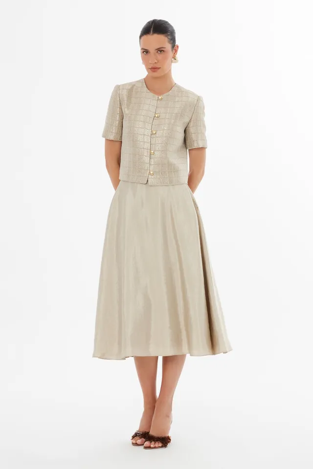 Beige Patterned Short Button-Closure Jacket