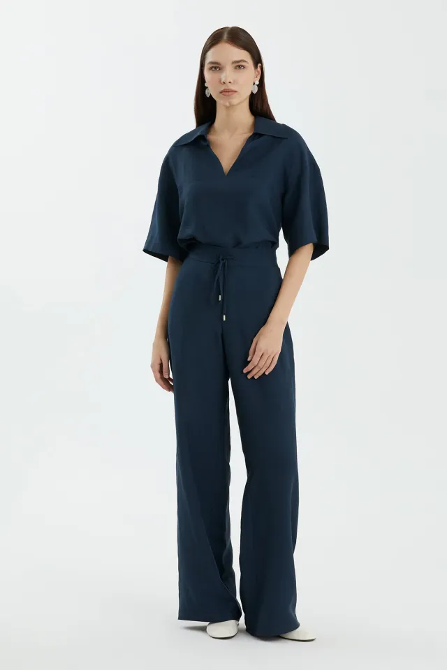 Navy Wide-Leg Trousers with Tie