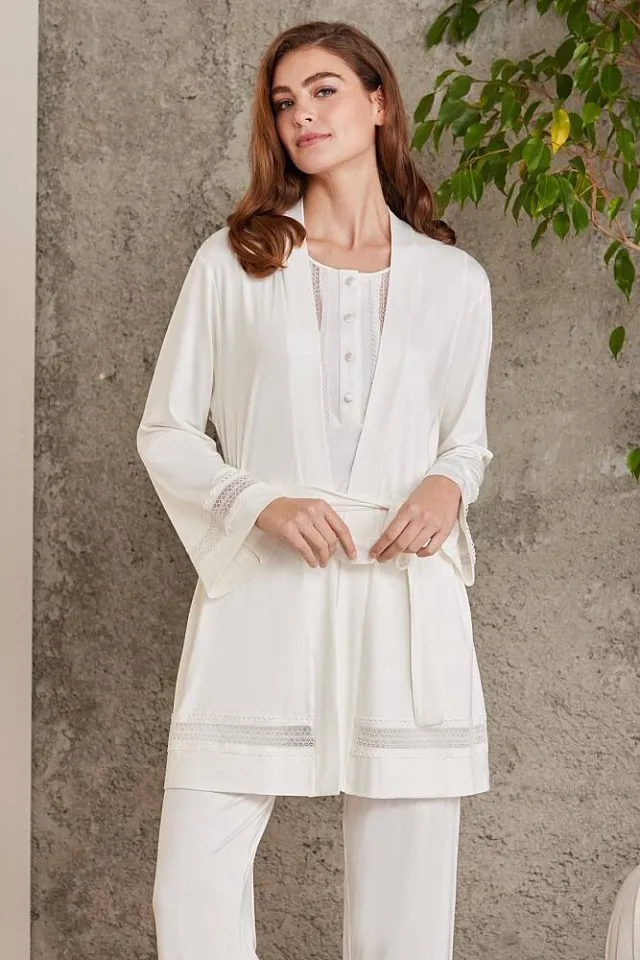 Pierre Cardin Lace-Trim Three-Piece Maternity Pajama Set 2800, Ecru