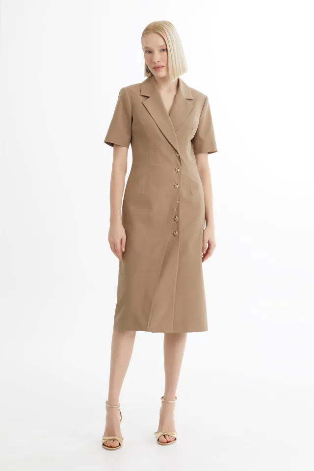 Short-Sleeve Midi Beige Dress