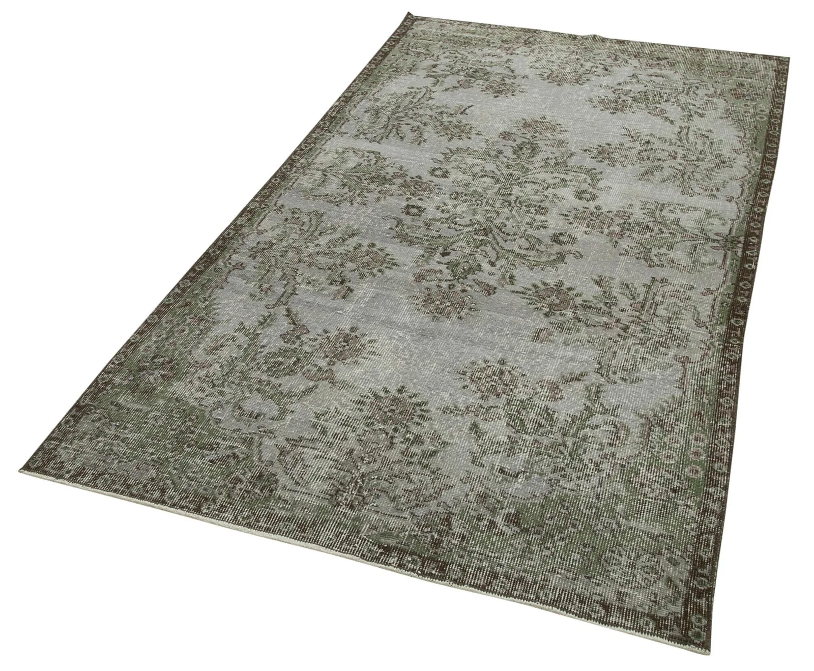 Light Gray and Green Distressed Bedroom Rug - Handwoven Wool 113x208 cm