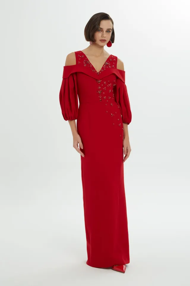 Off-Shoulder Balloon-Sleeve Long Dress