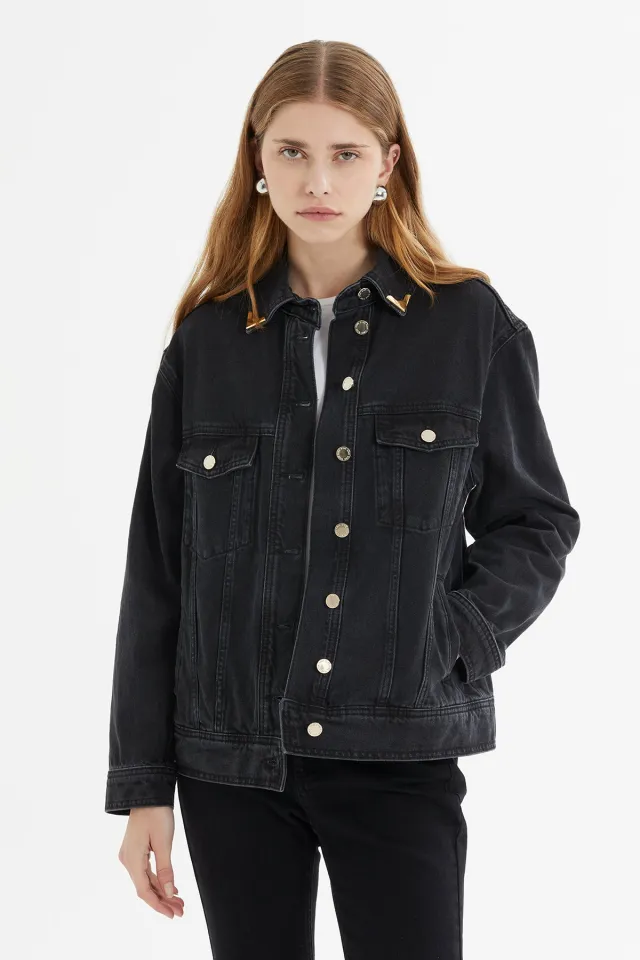 Collar Accessory-Detail Oversize Denim Jacket