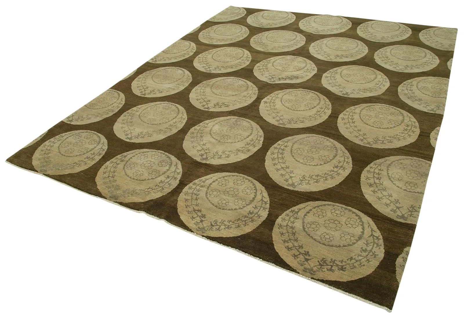 Brown Beige Modern Tabriz Geometric Living Room Rug - Wool Handwoven 245x304 cm