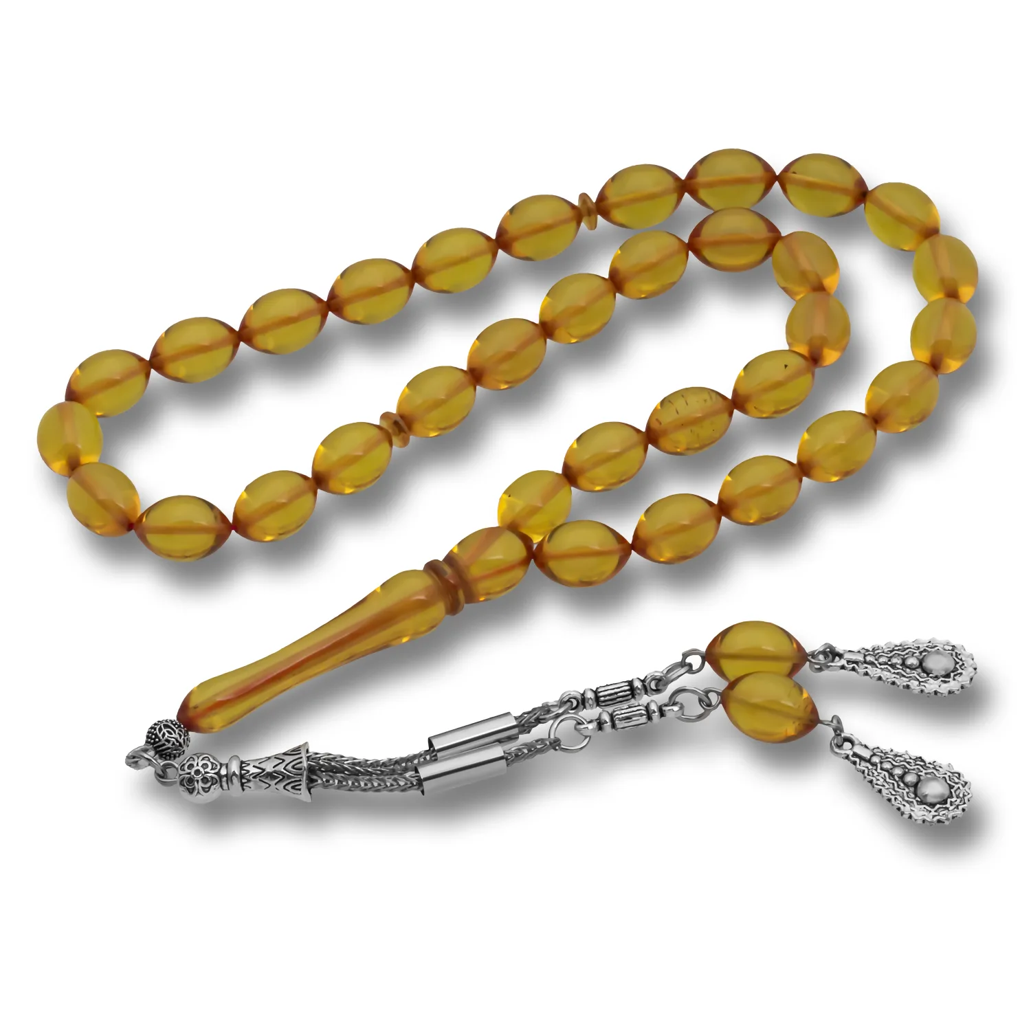 Honey-yellow pressed amber prayer beads with metal tassel
