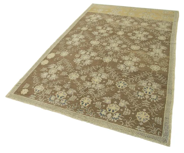 Brown Beige Classic Geometric Bedroom Rug - Wool 151x251 cm