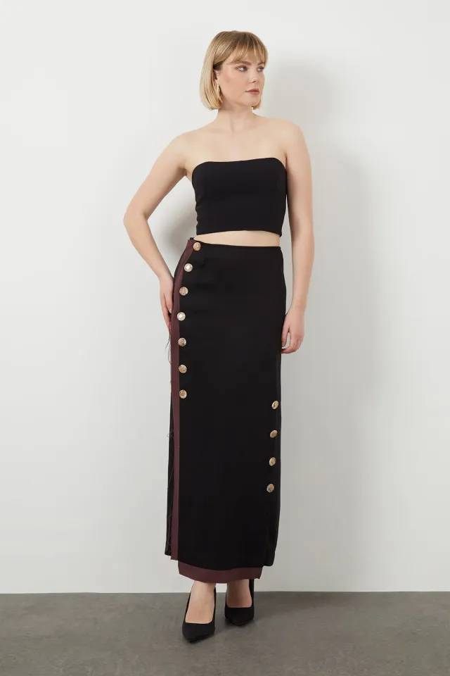 Double-Breasted Button-Closure Long Skirt