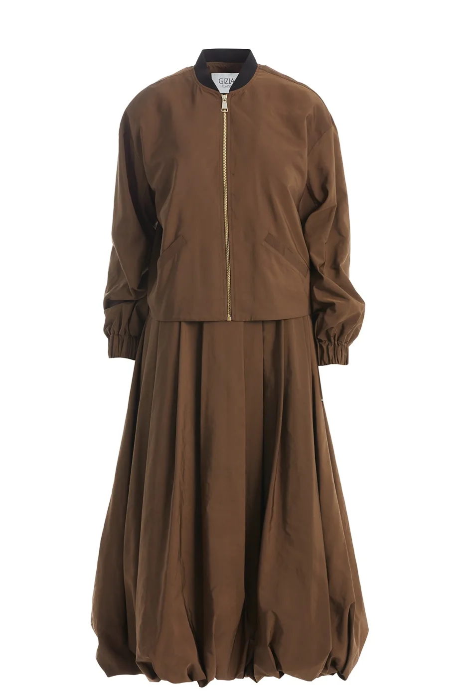 Brown Bomber Jacket And Skirt Set