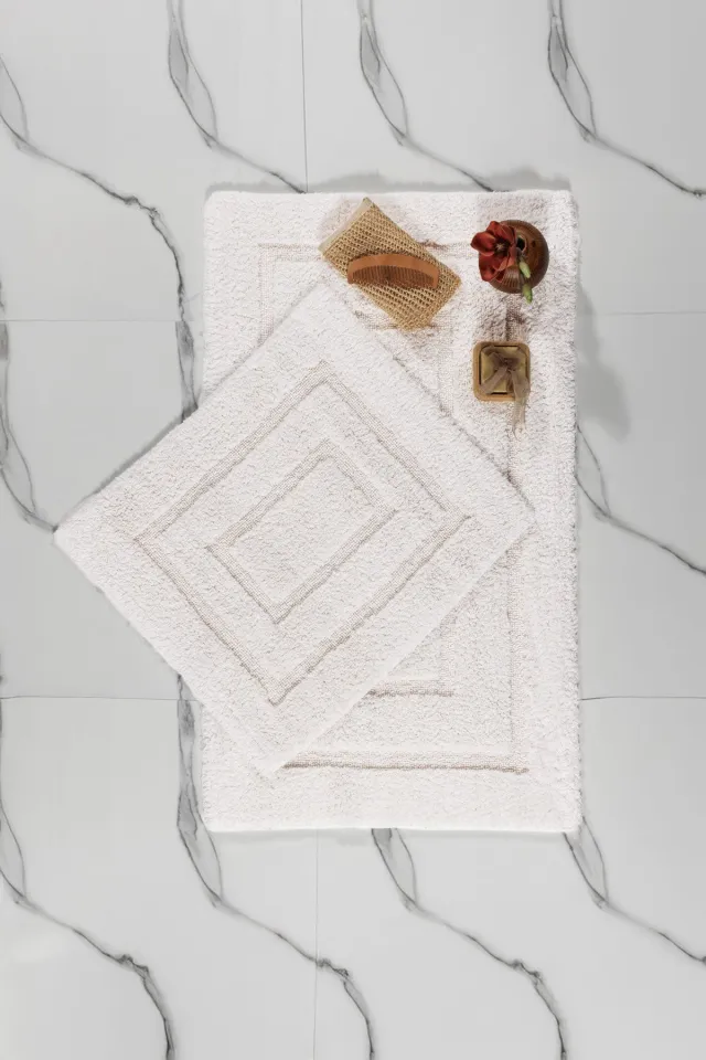 Elart Solid Cotton Bath Rug Mat Set 2-Piece (60x100 cm) Cream