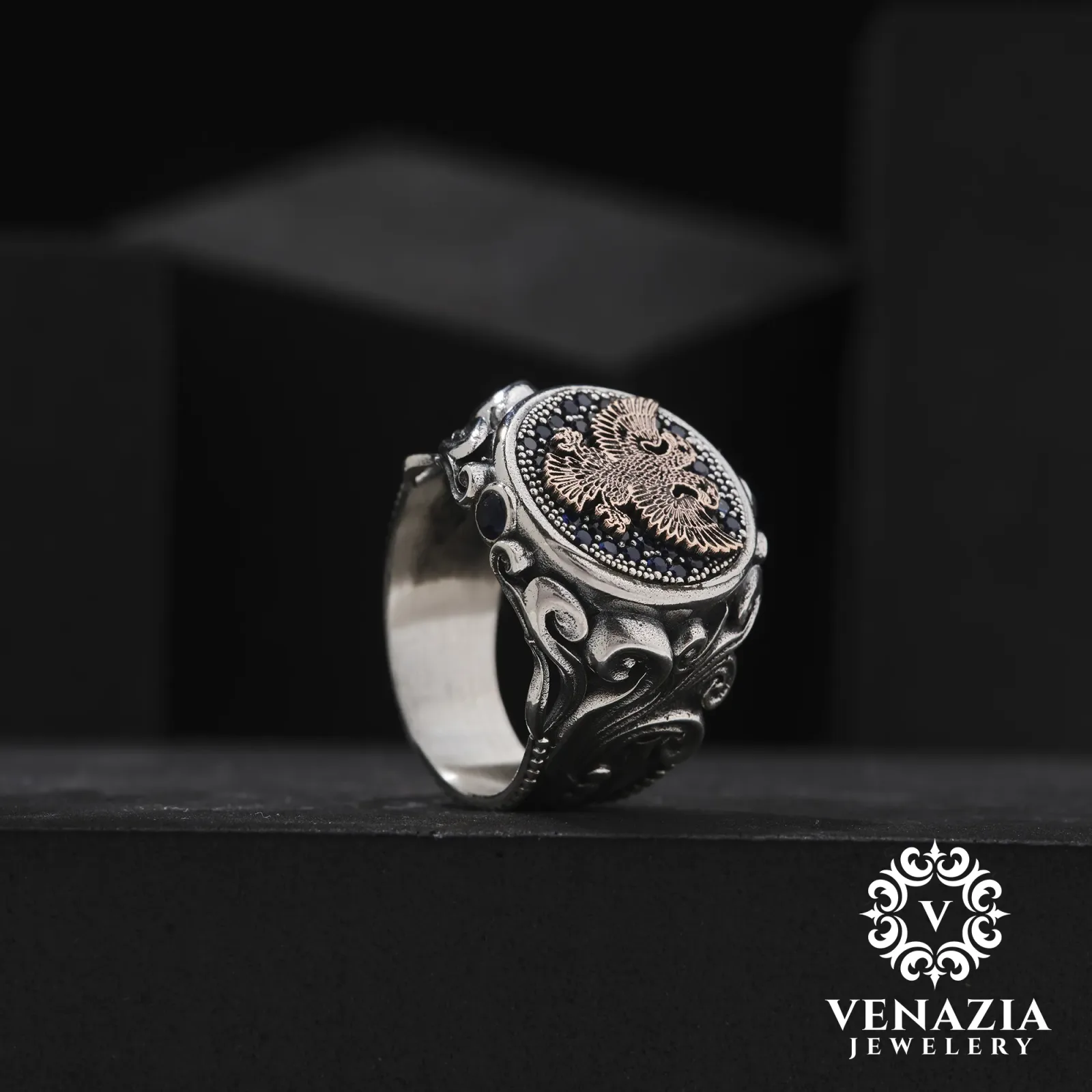 Double-headed eagle silver ring