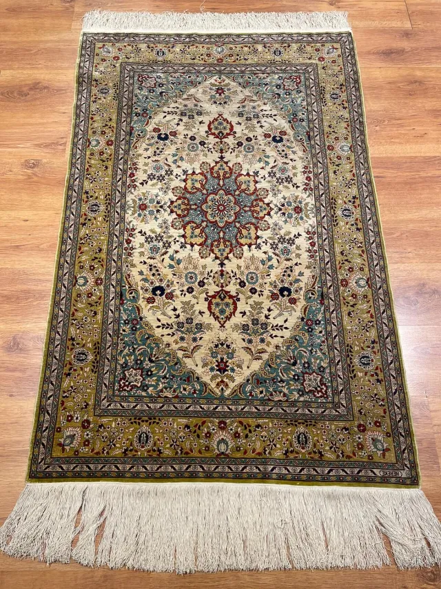 Hereke Pure Silk Hand-Woven Rug with Medallion Pattern