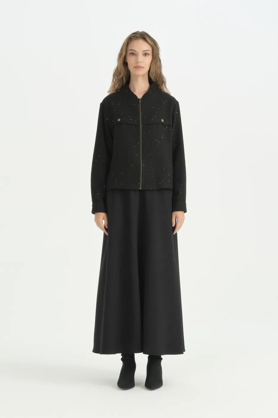 Black Tweed Bomber Jacket And Skirt Set