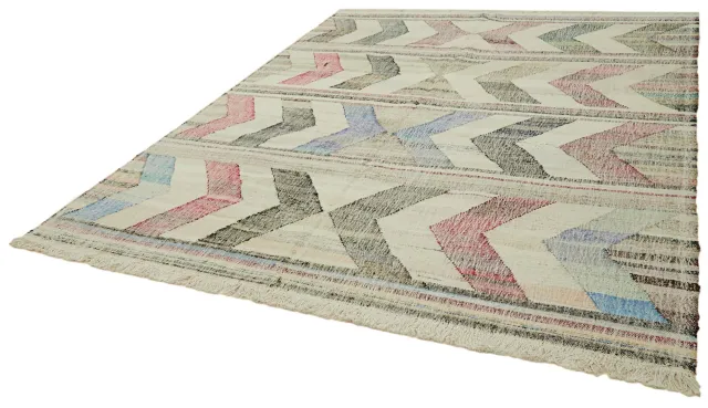 Cream Red Ethnic Kilim Geometric Living Room Rug - Hand-Woven Wool 248x307 cm