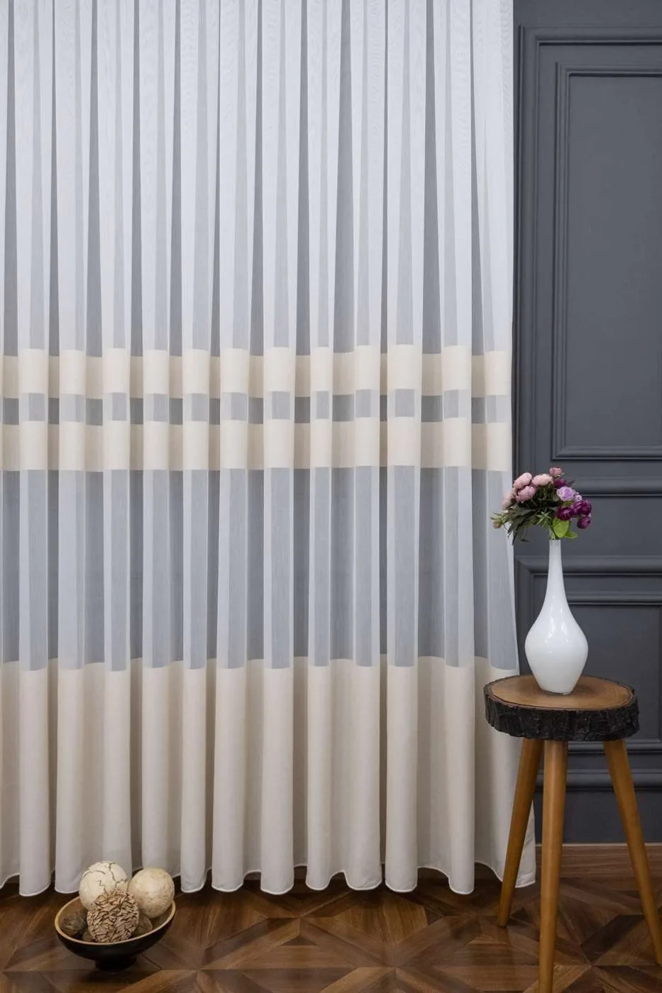Pardes Banded Bamboo Beige Tulle Curtain