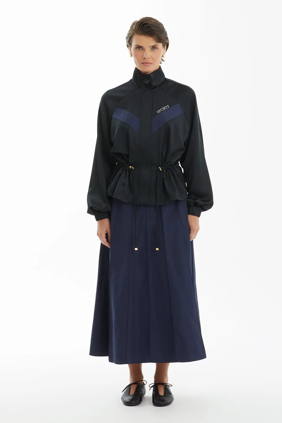 Black Tracksuit Set With Gathered-Waist Jacket And Skirt