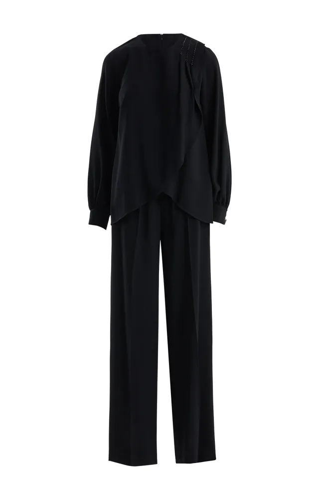Asymmetric Black Blouse & Pants Set