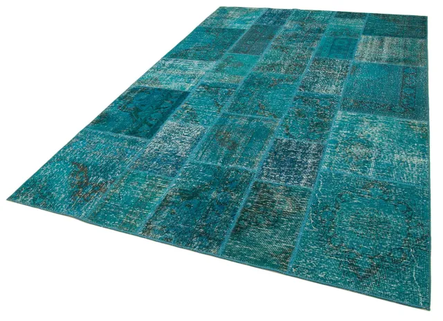 Turquoise Blue Patchwork Living Room Rug - Wool Handwoven 6 m² 200x298 cm