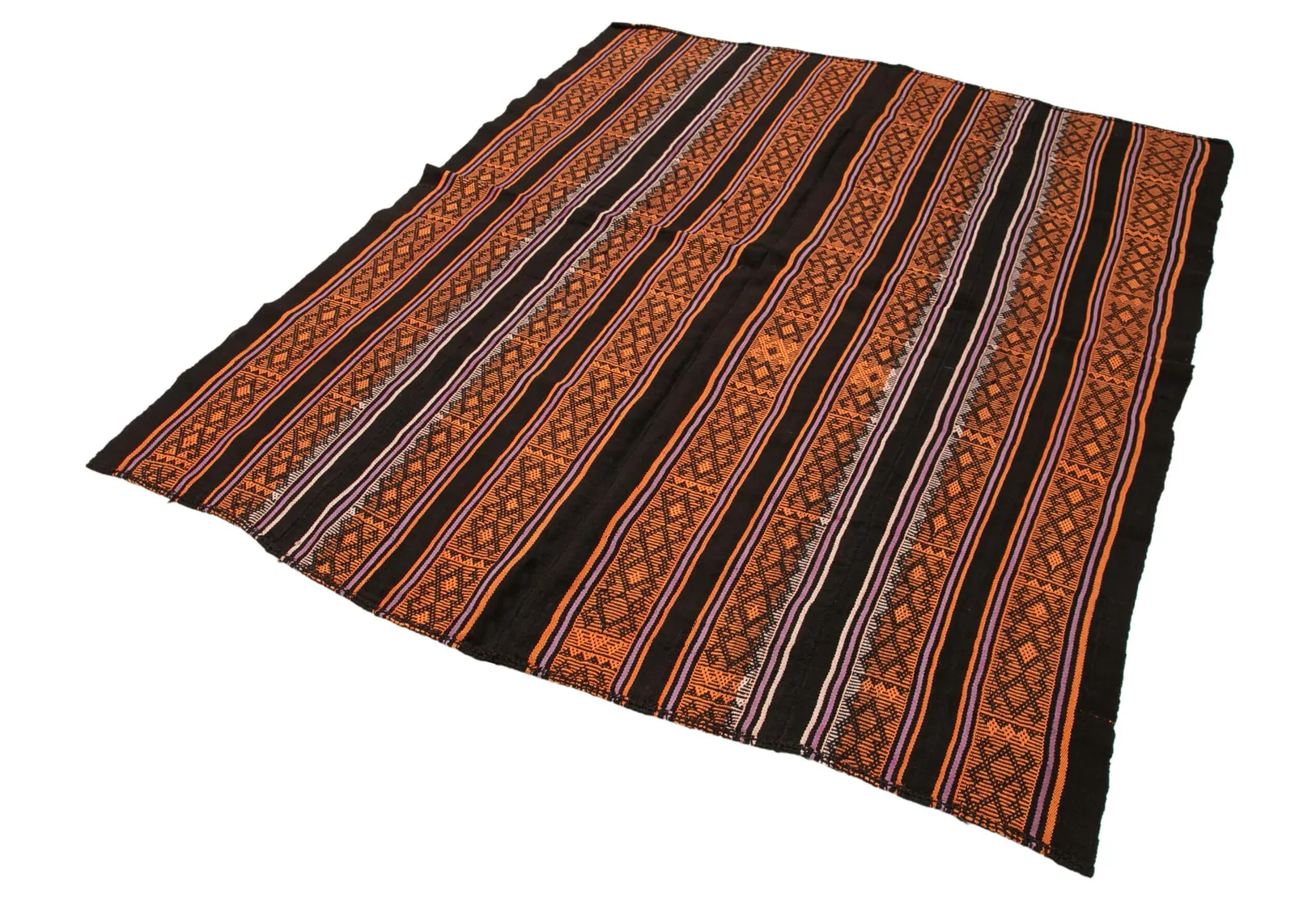 Black Orange Ethnic Striped Living Room Rug - Hand-Woven Wool 177x228 cm