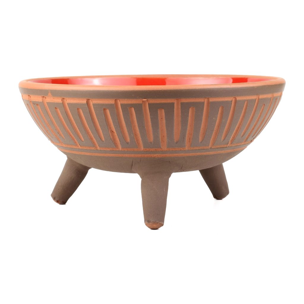20 cm Footed Scraped Ceramic Bowl with Vertical Pattern