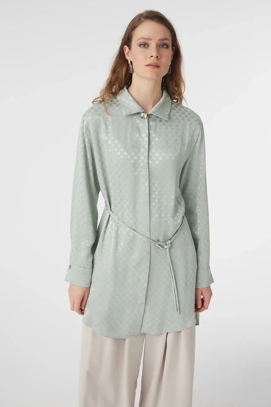 Mint Jacquard Pattern Tunic With Belt Detail 1670