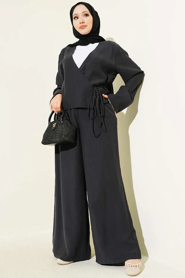 V Neck Tie Detail Two-Piece Set Anthracite