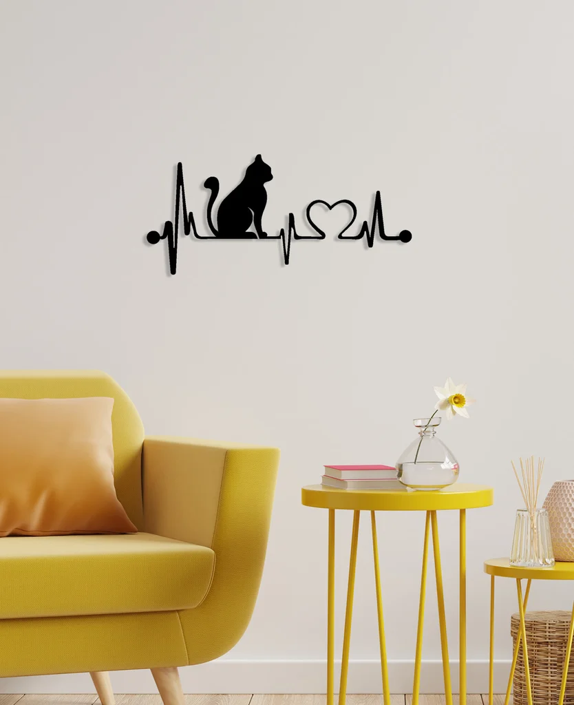 Kalp Ritmi EKG ve Kedi metal wall art