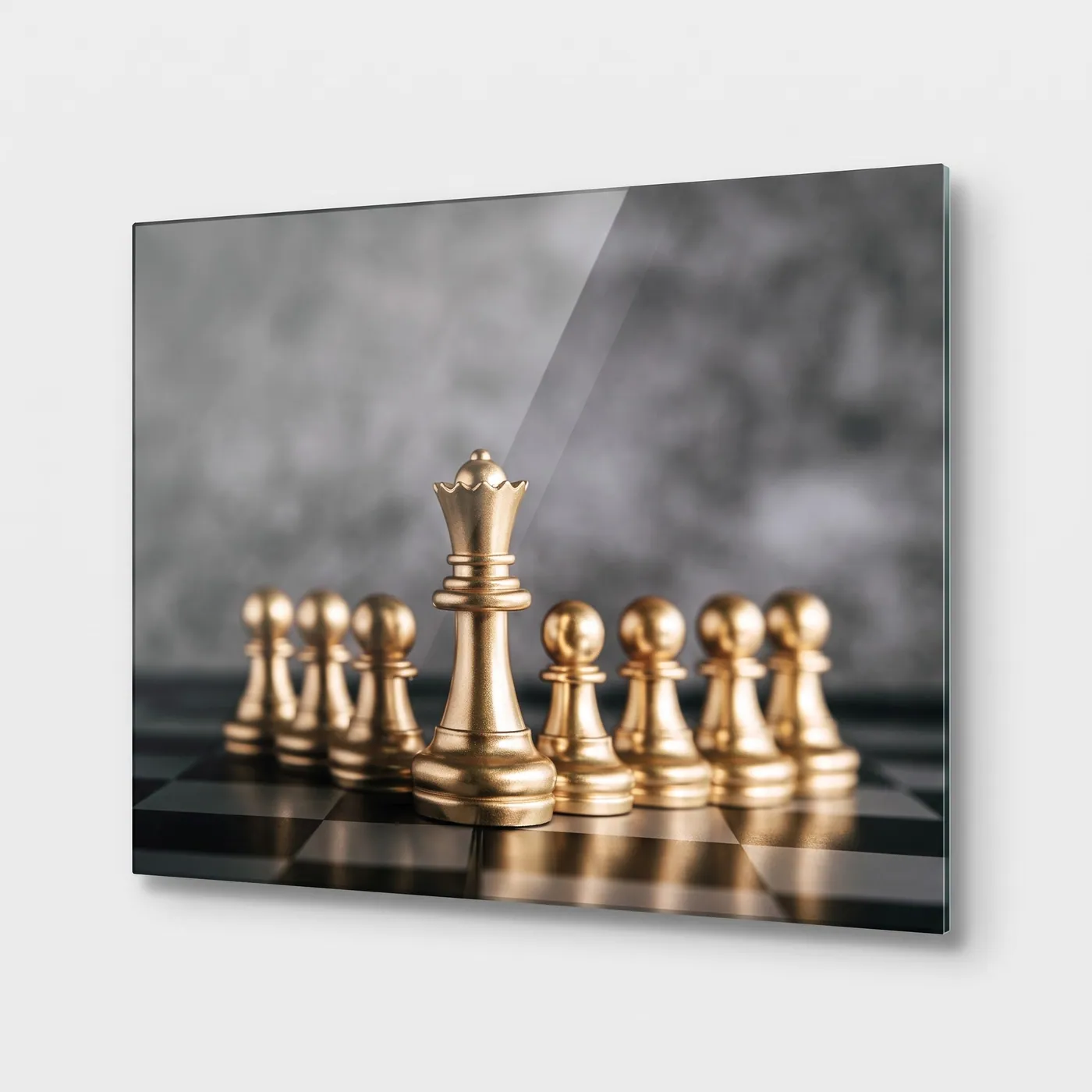 Strategic Golden Queen and Pawns Horizontal Glass Wall Art glass wall art