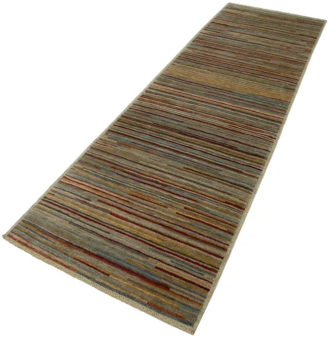 Beige Blue-Grey Modern Striped Runner - Wool 85x282 cm