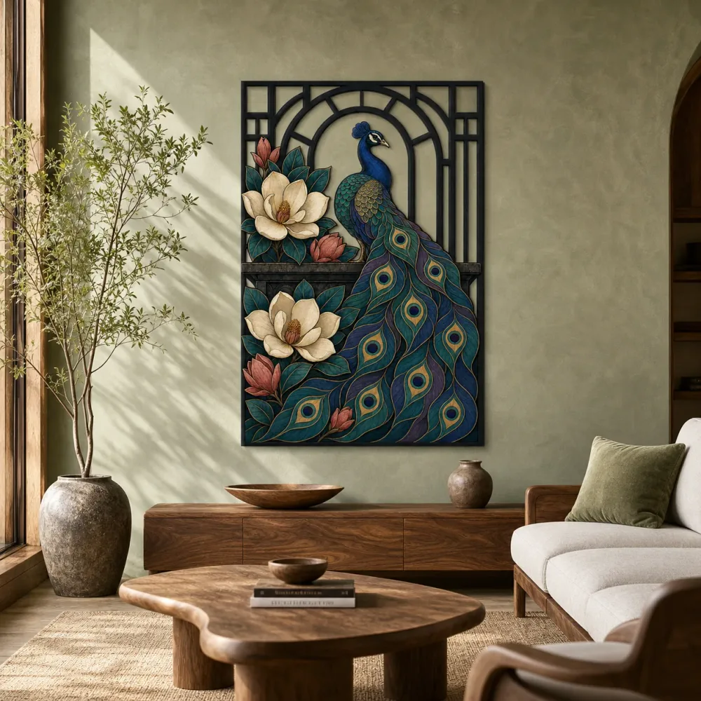 Peacock with Magnolia Flowers in Art Deco Frame Colorful Metal Wall De