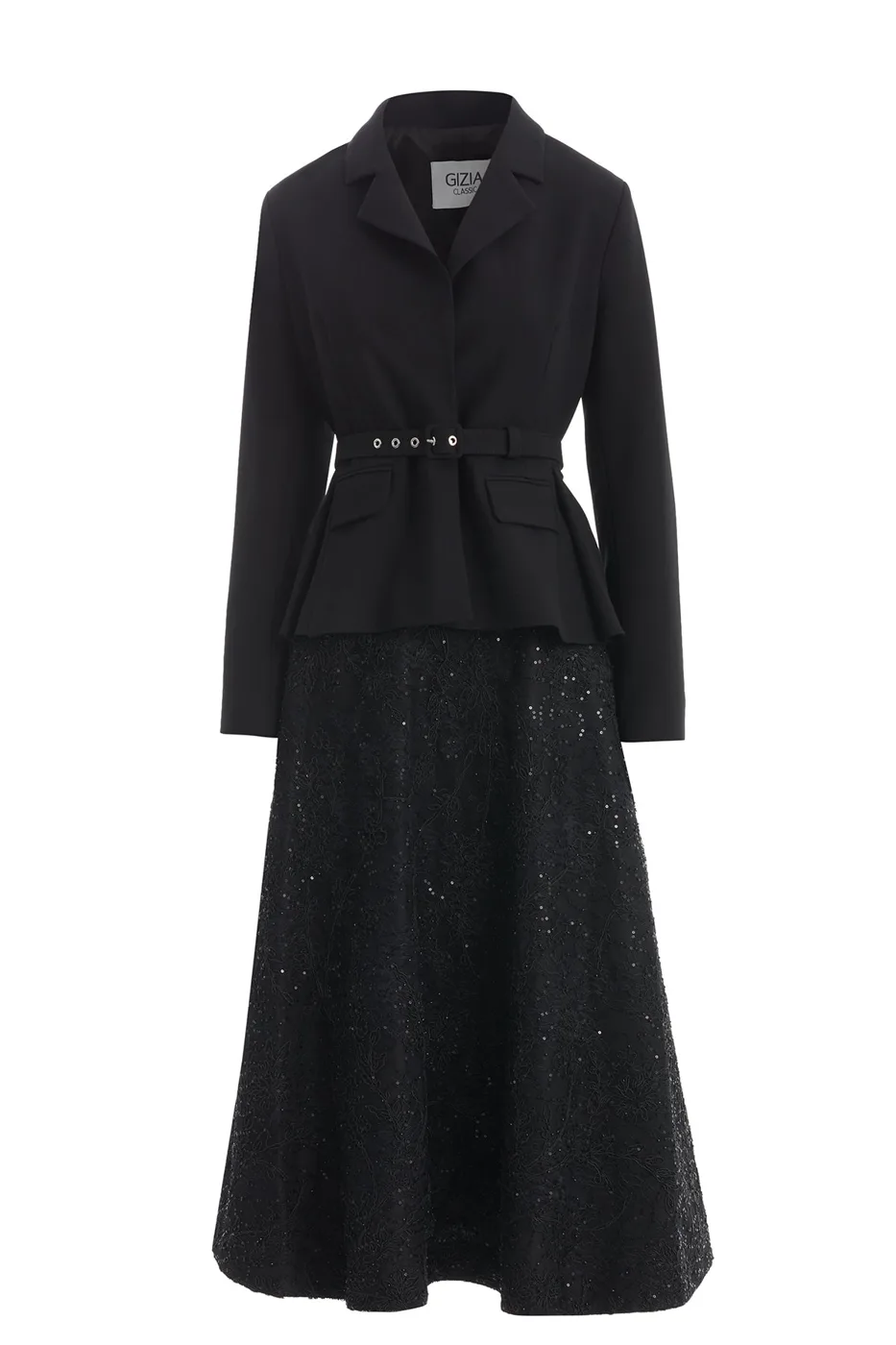 Black Set With Belted Jacket And Lace Skirt