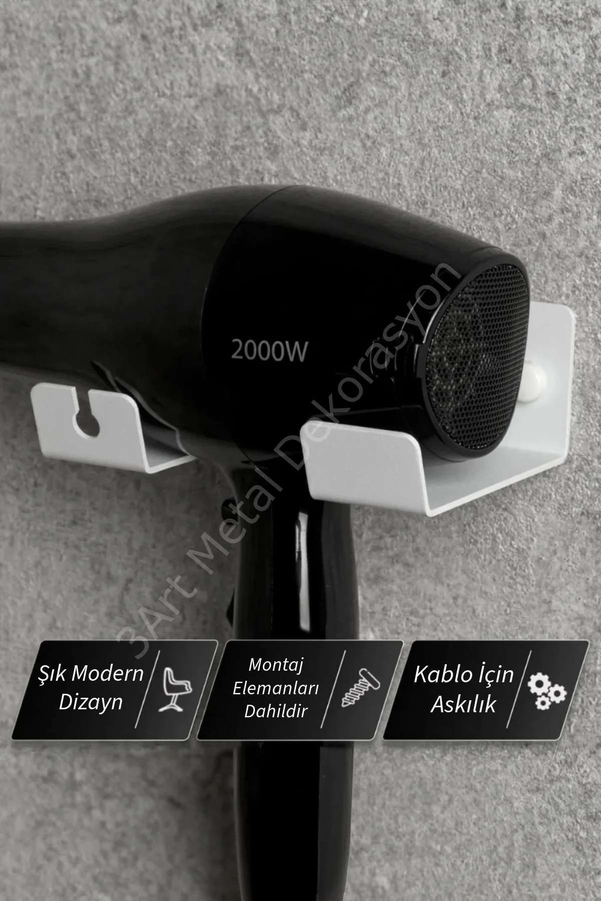 White metal hair dryer holder