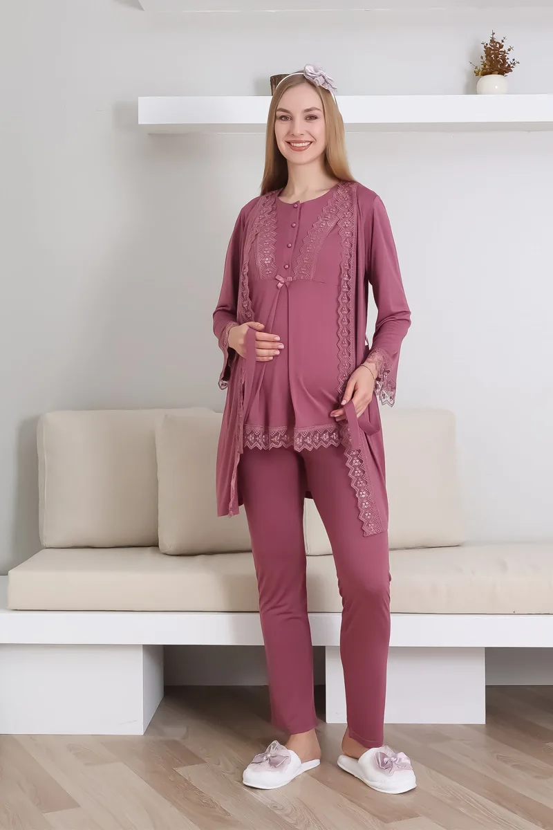Lace-trim nursing-friendly button-front pyjama set for pregnancy and postpartum model 3430