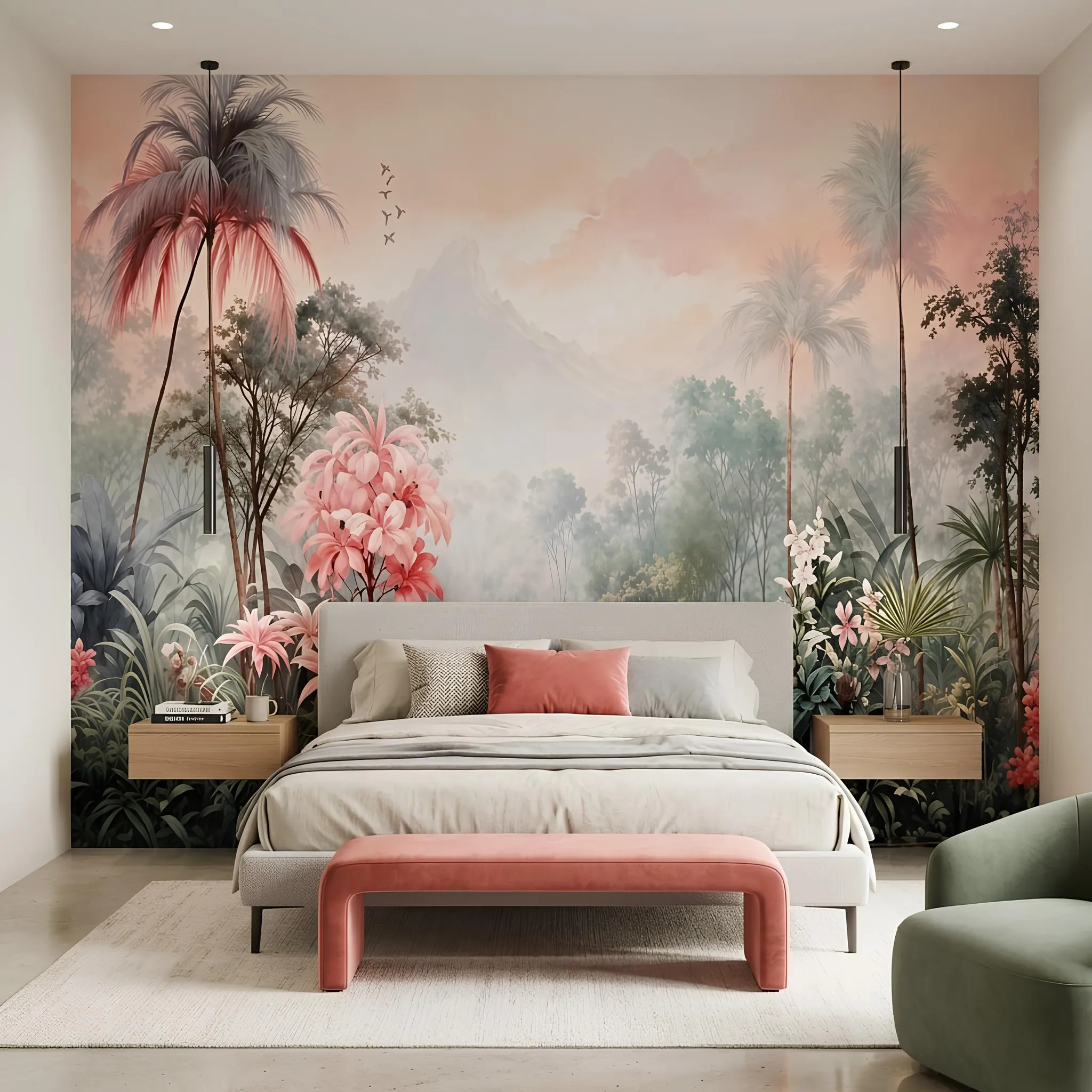 Tropical Botanical Forest and Pink Flowers Watercolor Effect Wallpaper