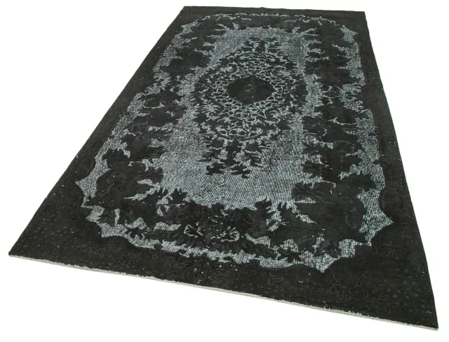 Black Grey Distressed Medallion Living Room Rug - Hand-Woven Wool 167x300 cm