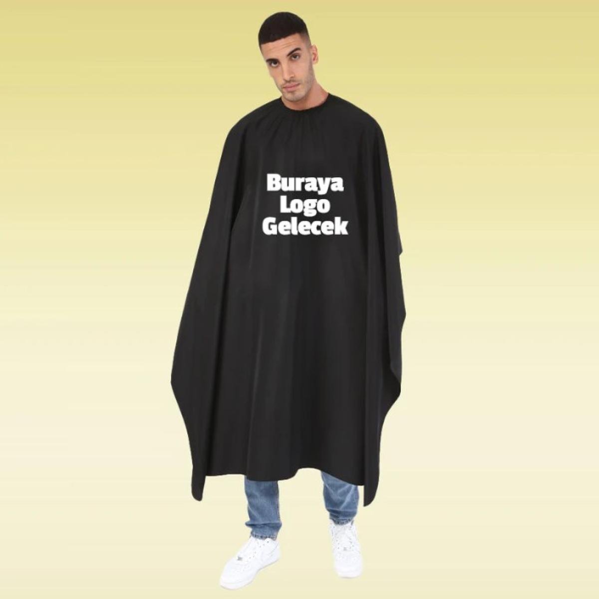 Custom Ayobi Penuar black barber cape with company logo print | Ayobi