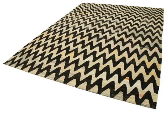 Beige Black Modern Kilim Geometric Living Room Rug - Hand-Woven Wool 237x320 cm