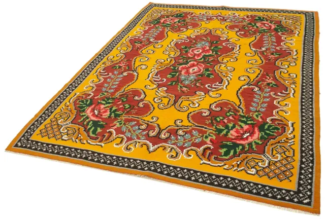 Yellow Red Classic Bedroom Rug - Wool Handwoven 182x246 cm