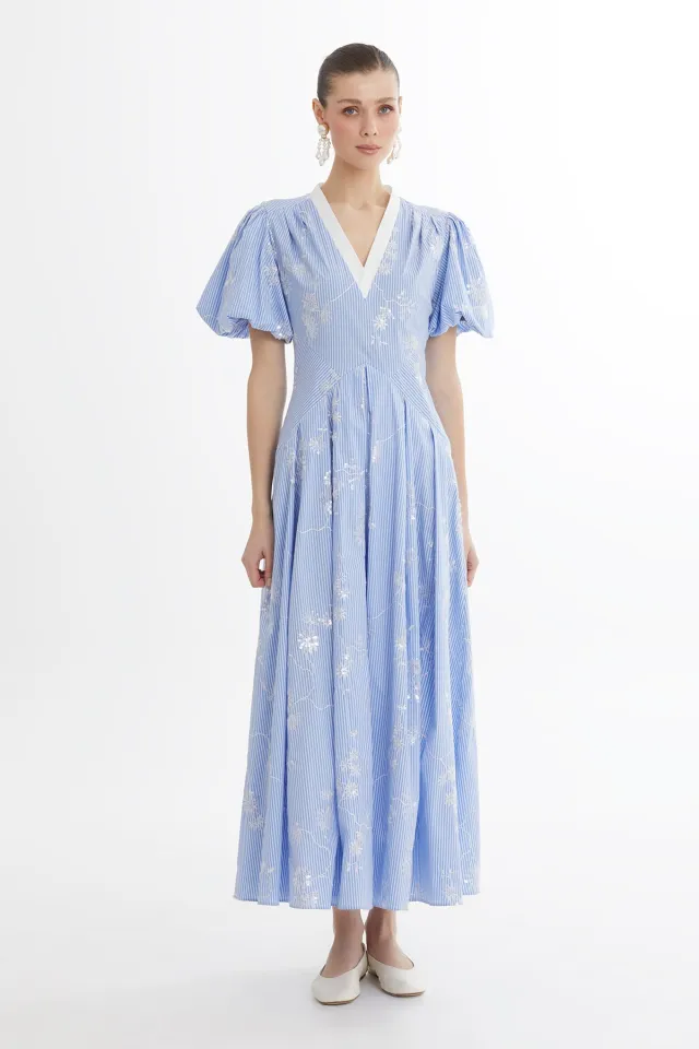 V-Neck Melon-Sleeve Patterned Blue Dress