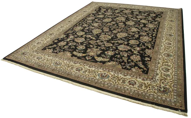 Black Beige Classic Living Room Rug - Wool Hand-Woven 279x373 cm